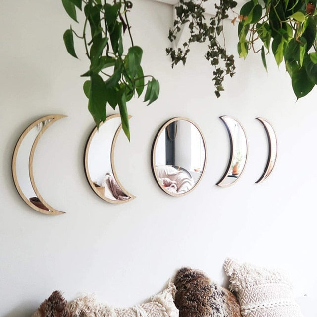 5 Piece Moon Phase Mirrors Wooden Wall Art